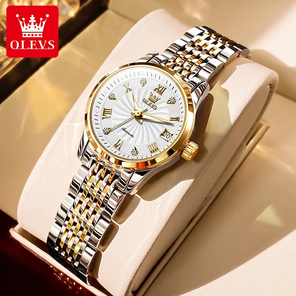 OLEVS Luxury Brand Ladides Automatic Mechanical Wristwatch Waterproof Stainless Steel Simple Watch For Women Gift for Girl