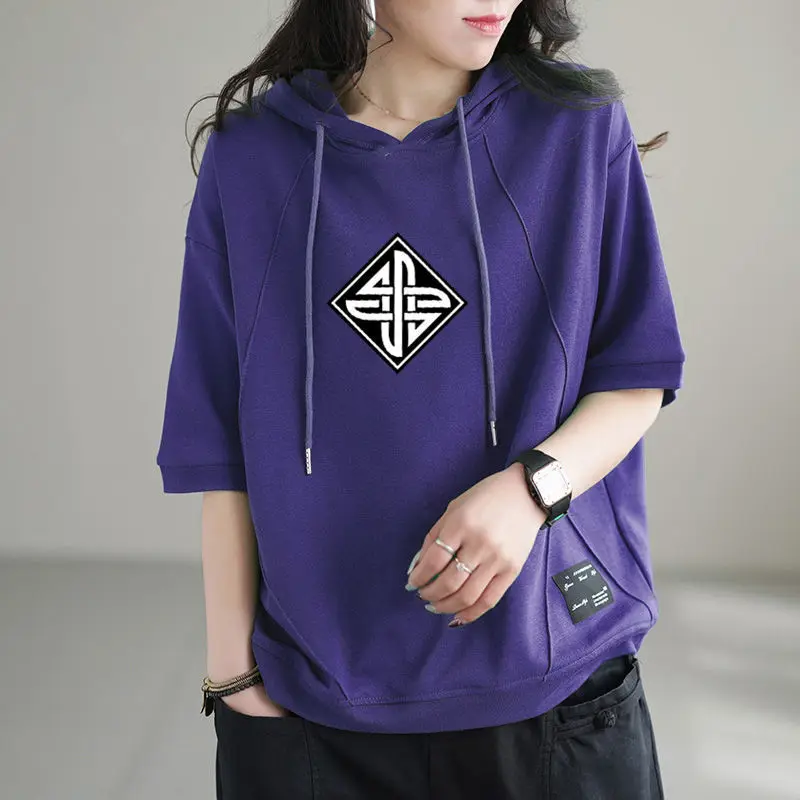 2024 New Summer Korean Casual Loose and Versatile Artistic and Fashionable Print Oversized Short Sleeved Hoodie for Women