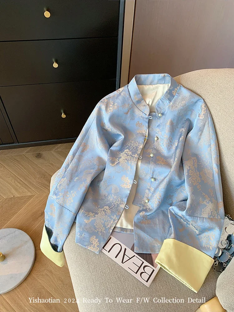 New Chinese blue acetic acid satin jacquard button-up jacket premium zen top