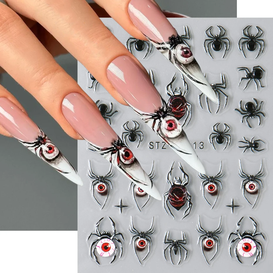 2 قطعة ملصقات العنكبوت ثلاثية الأبعاد مسمار الشارات هالوين العنكبوت الأسود العين مسمار الفن زينة 5D تنقش لاصق المتزلجون تصميم مانيكير