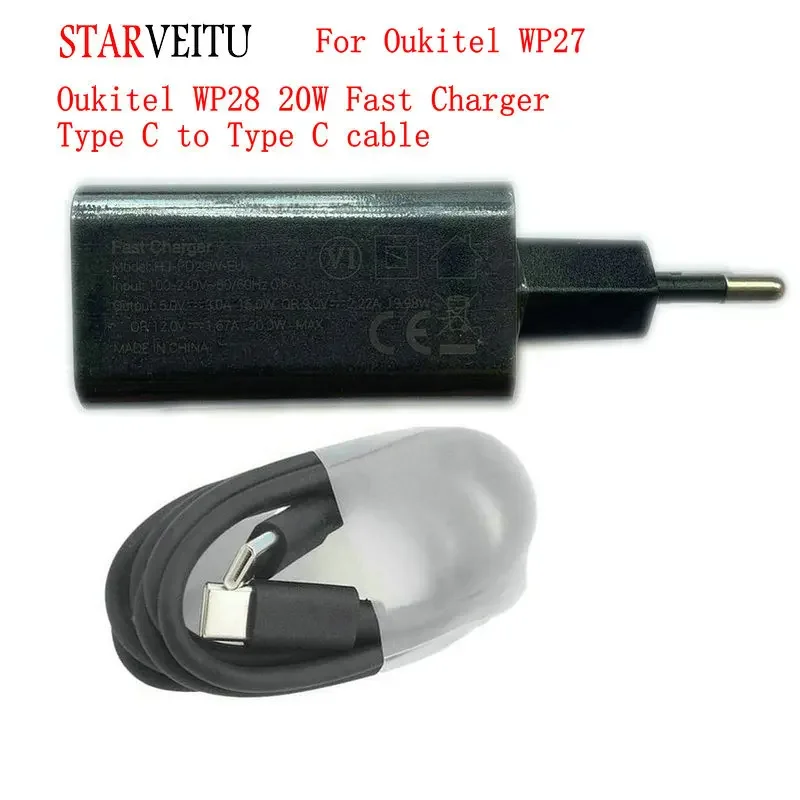 Power Adapter for Oukitel WP28, WP27, Fast Charger, EU Travel Charger, Type C to Type C Cable, 20W, Original