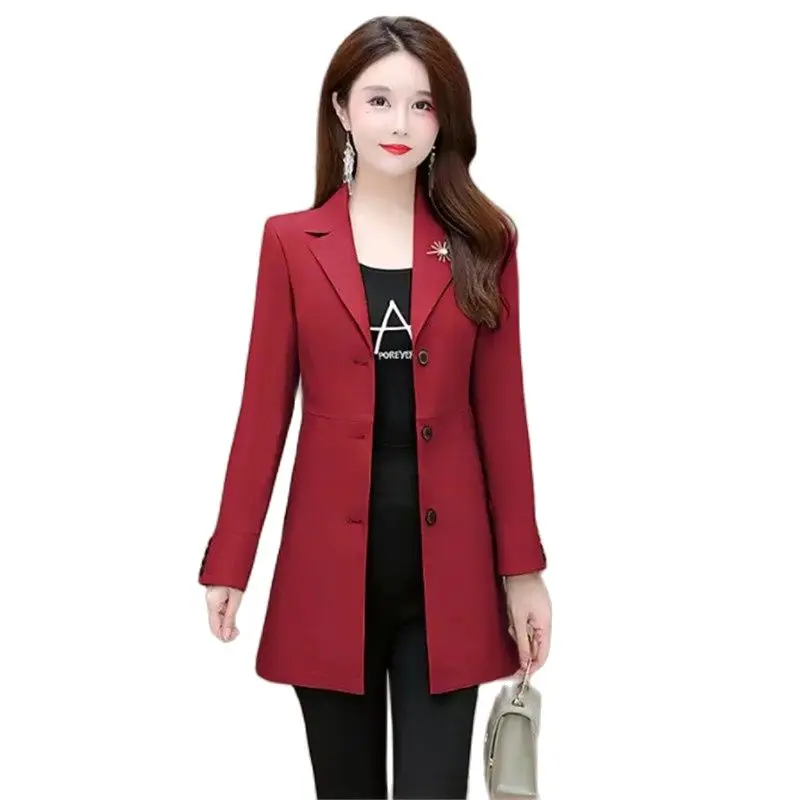 Spring Autumn Mid-Long Suit Jacket Women 2023 New Loose Blazer Vintage Coat Single-Breasted Outerwear Fashion Brooch Tops Female