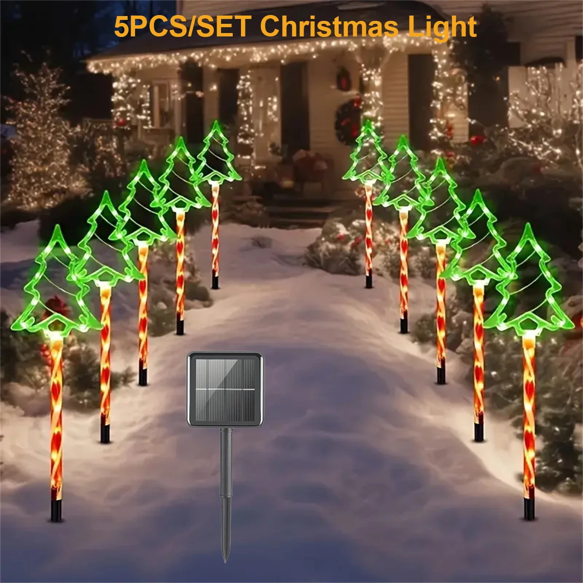 5PC/Set Solar Christmas Tree Candy Light Outdoor Waterproof 8 Modes Floor Mounted Light String Garden Courtyard Christmas Decor