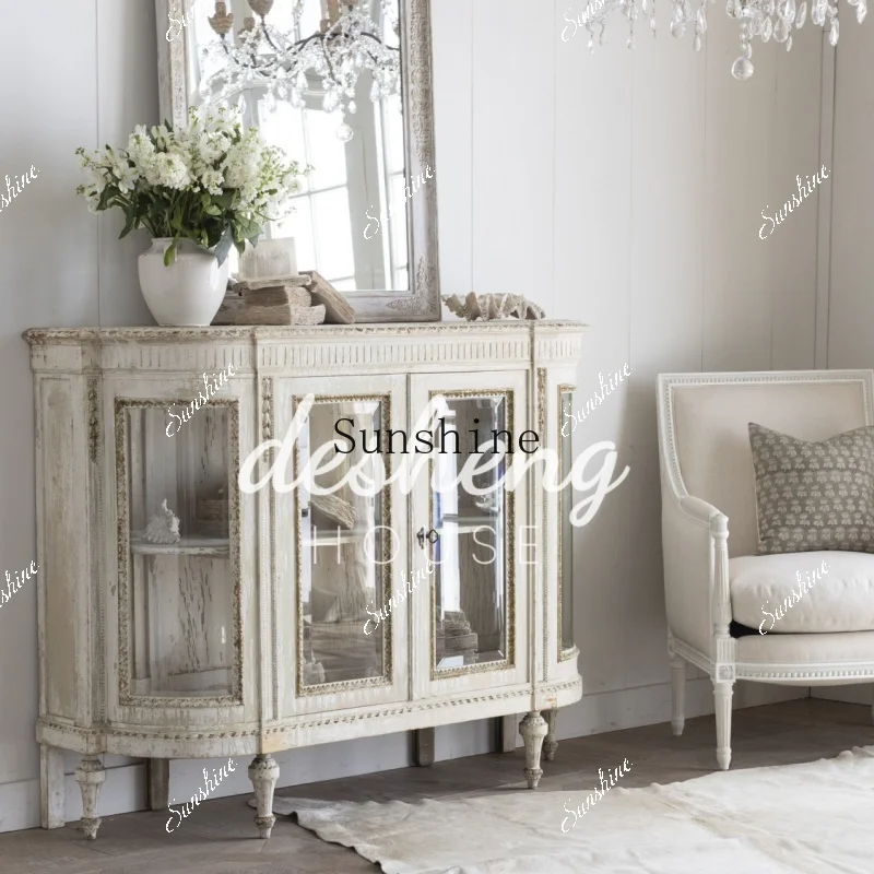 Rural French retro old carved porch cabinet Solid wood living room home decoration dining side cabinet  FT