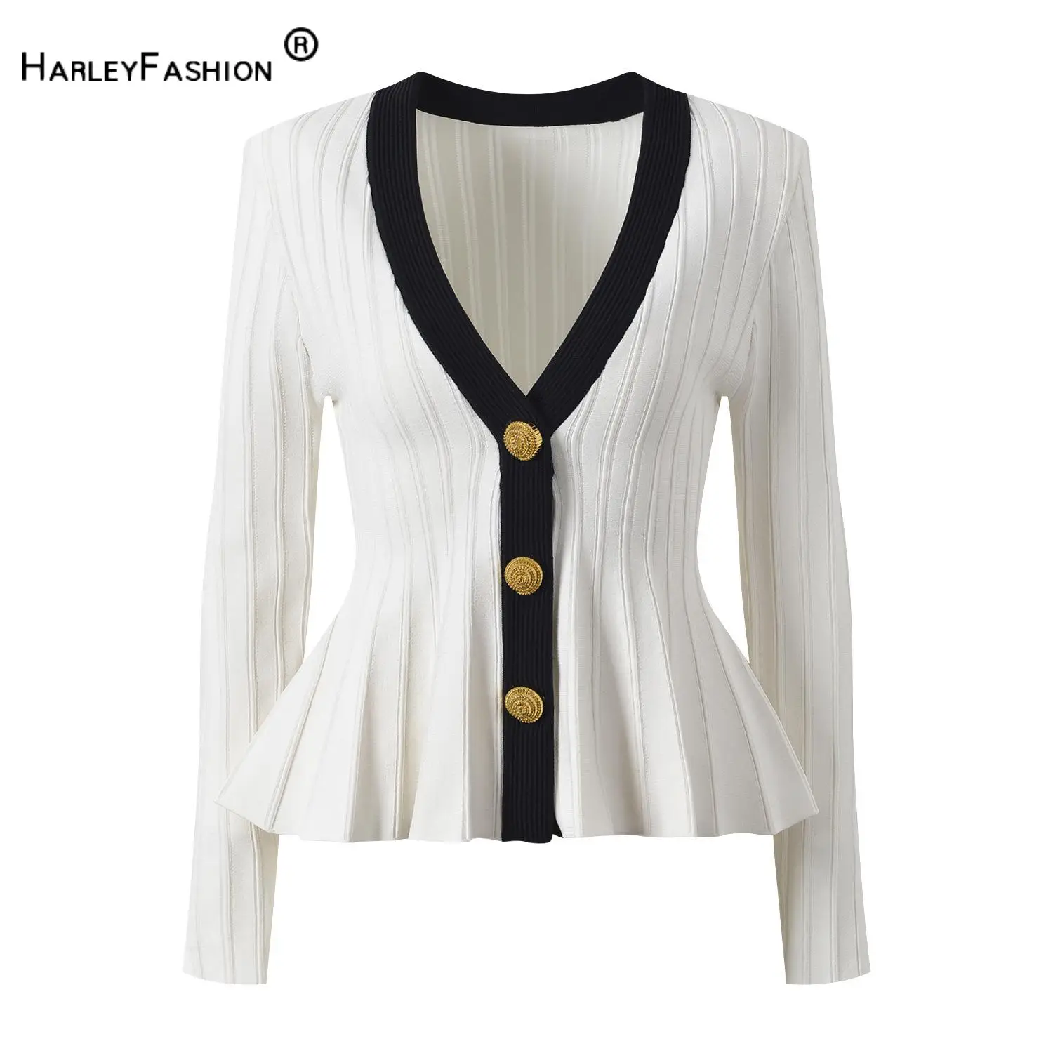 Cardigan Triblockchain à Manches sulfet Col en V pour Femme, Manteau à Boutonnage Simple, Coupe Cintrée, Ourlet à Volants, Collection Automne et Printemps