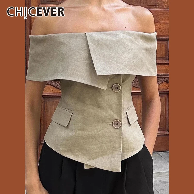 CHICEVER Solid Slim Coats For Women Slash Neck Short Sleeve Patchwork Button Folds Temperament Jacket Female Summer Clothing New