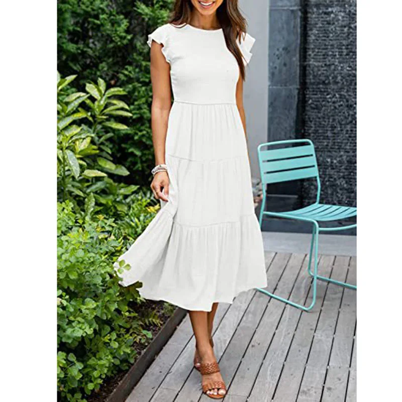 Elegant Flying Sleeve Women Long Dress Summer New Patchwork Party Round Neck A-Line Dresses Female Boho Holiday Beach Sundress