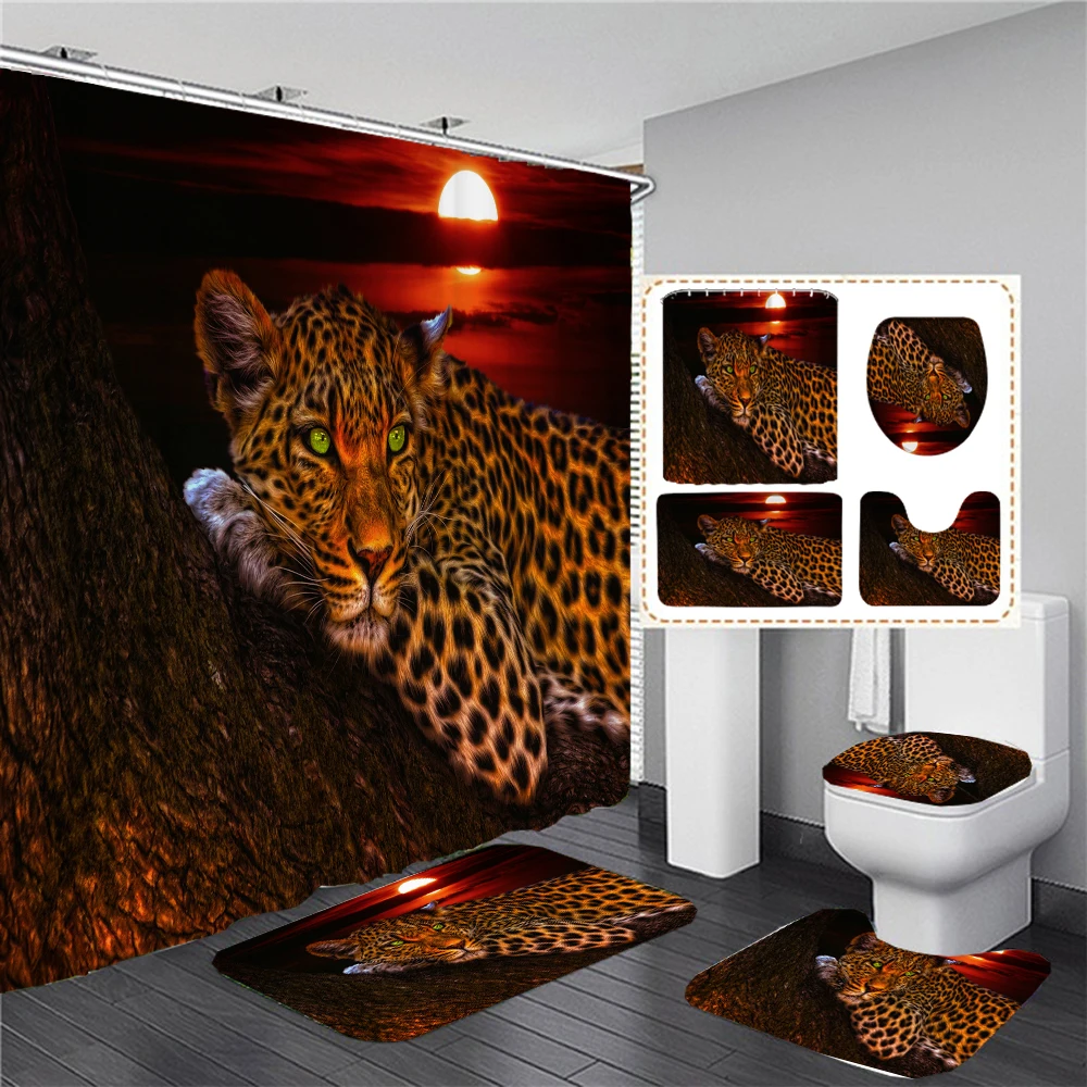 

4pcs Moon Leopard Cheetah Animal Shower Curtain Sets Bathroom Decor Print Bathroom Curtains Toilet Bath Mat Lid Rug Accessories