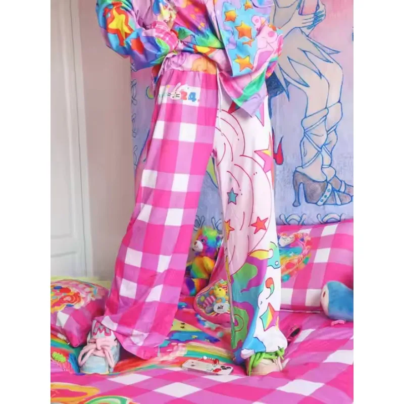 Cute Harajuku Style Patchwork Grid Graffiti Star Straight Leg Pants Dopamine Girl Elastic Waist Hanging Casual Floor Pants