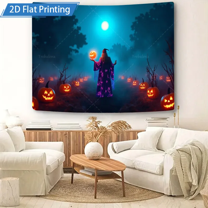 قطعة واحدة من نسيج الجدار المزخرف على شكل يقطين الهالوين - مشهد ليلي مخيف مع اكتمال القمر والساحرة