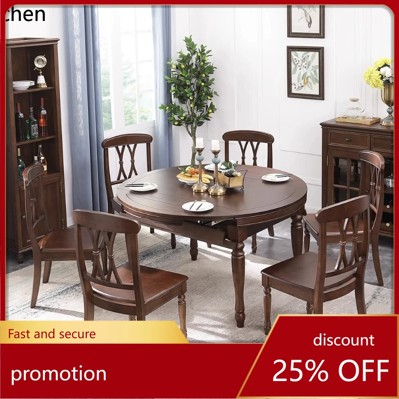 

HXL dining table retractable folding oval household variable round table retro all solid wood dining table and chair combination