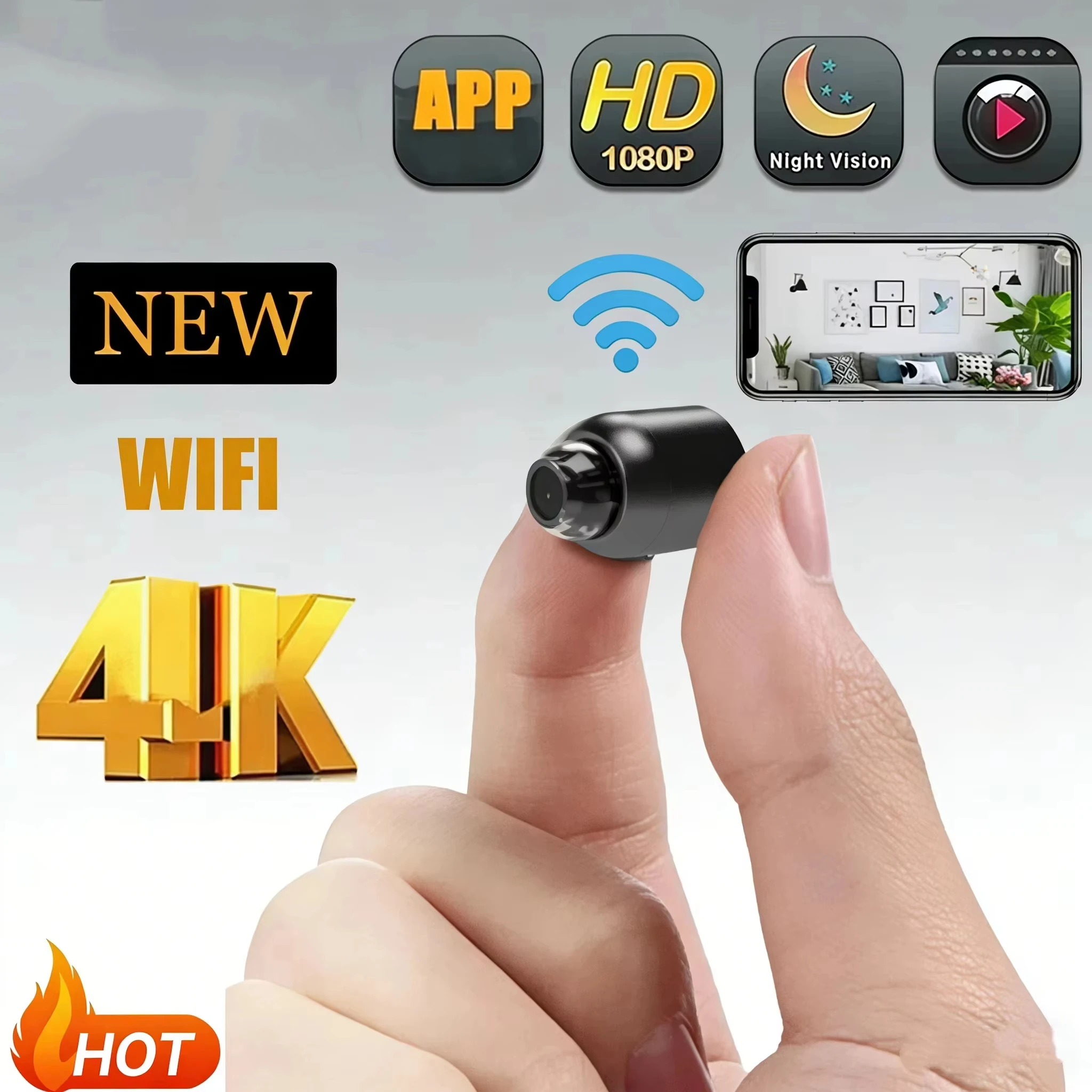 Drahtlose 4K HD Überwachungskamera mit Nachtsicht, Bewegungserkennung, Mini-Cam, Monitor, Smart Home
