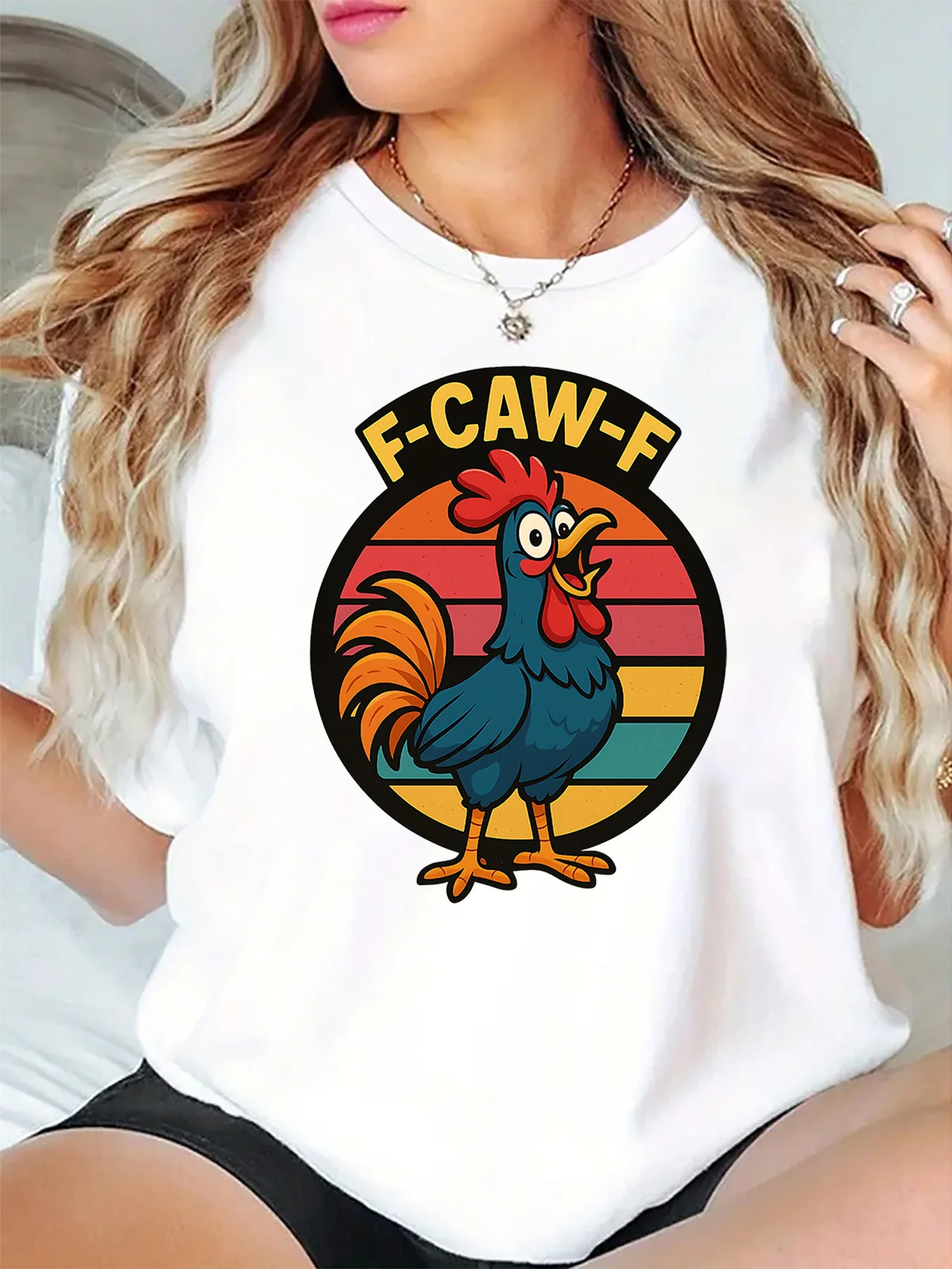 F Caw F Retro Circle Striped Funny Rooster Art Graphic Womens T Shirt Short Sleeve Crew Neck Daily Casual Ladies Tee Tops