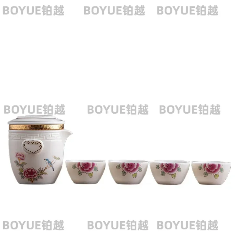 5 Piece Suet Jade Porcelain Ruyi Applique Tea Cup Set Elegant Chinese Style Express Teacup for Kung Fu Ceremony Home Decor