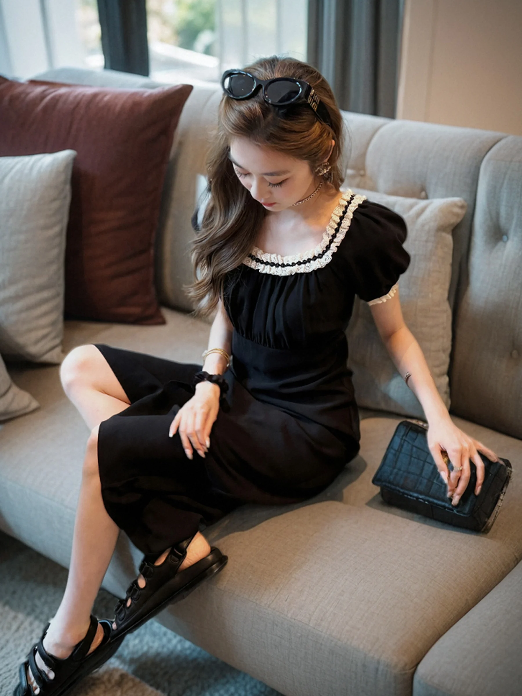

Summer Long Sleeveless Princess Dress Square Collar Large U Collar Slimming A-Line Gown Hepburn Style High Waist Short Sleeve