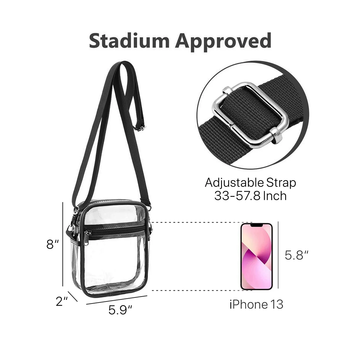 Estádio aprovado saco claro com alça de ombro ajustável, bolsa clara para esportes, preto, ao ar livre