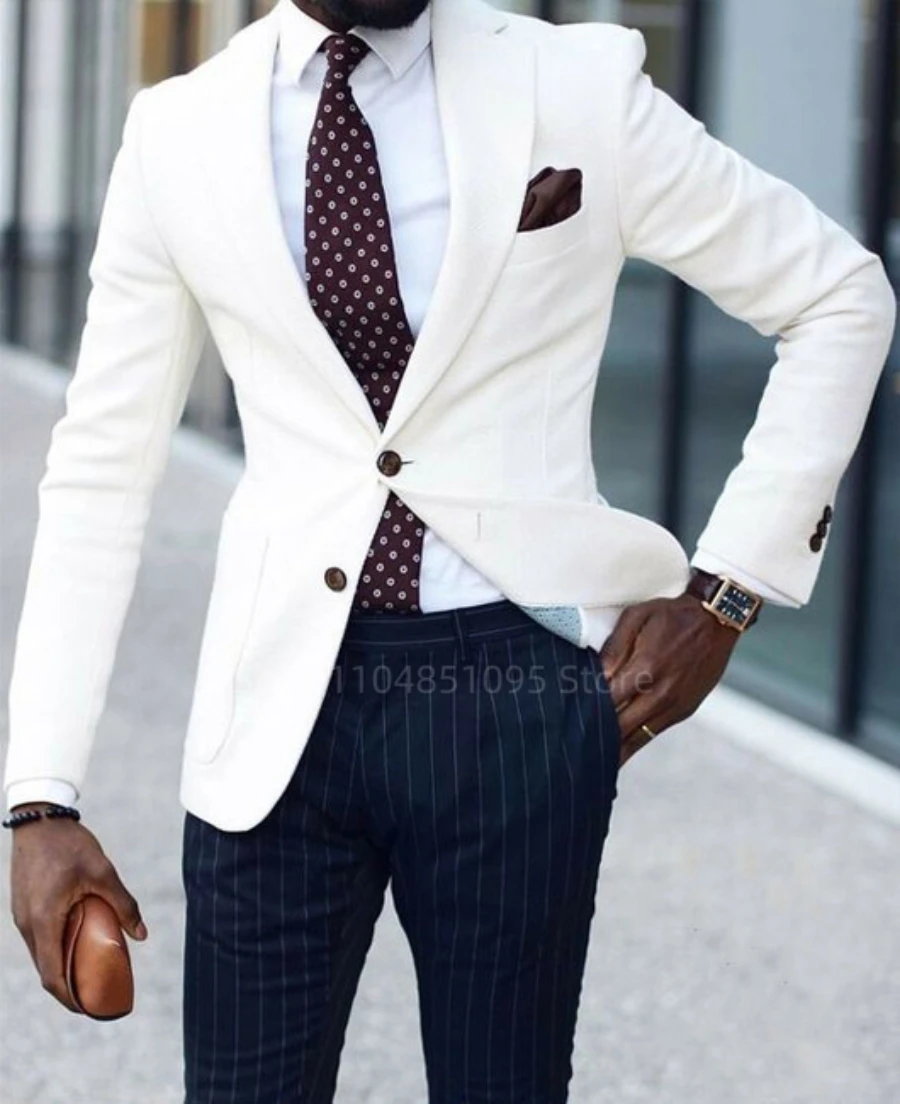 Elegant Wedding Suits 2 Pieces Slim Fit Two Buttons Ivory Blazer With Blue Striped Pants Groom Tuxedo Male Formal Business Suits
