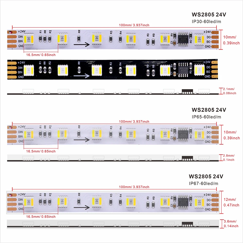 3000K - 6500K WS2805 Strip Light RGBCCT RGB WW CW 5in1 Addressable LED Light Dual-Signal Pixel 60LEDs 1IC for 3/6 LED DC12V/24V