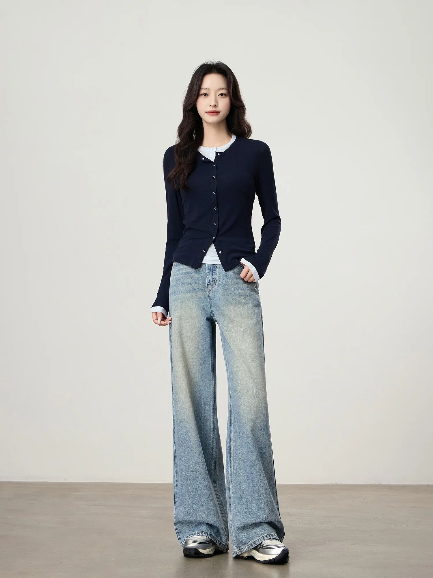 

Risen Petite Blue Waed Jeans High Waist Loose Wide Leg Pants Women's Autumn Winter Slimming Straight Cut Casual Cotton
