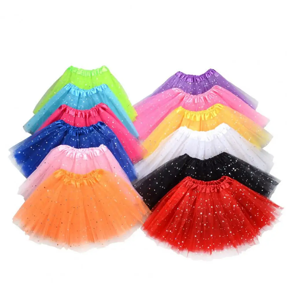 Sparkling Star Sequins Girl Skirt Multi-layered Mesh Kids Mini Tulle Skirt Elastic Waist Underskirt Ballet Skirt Party Costume