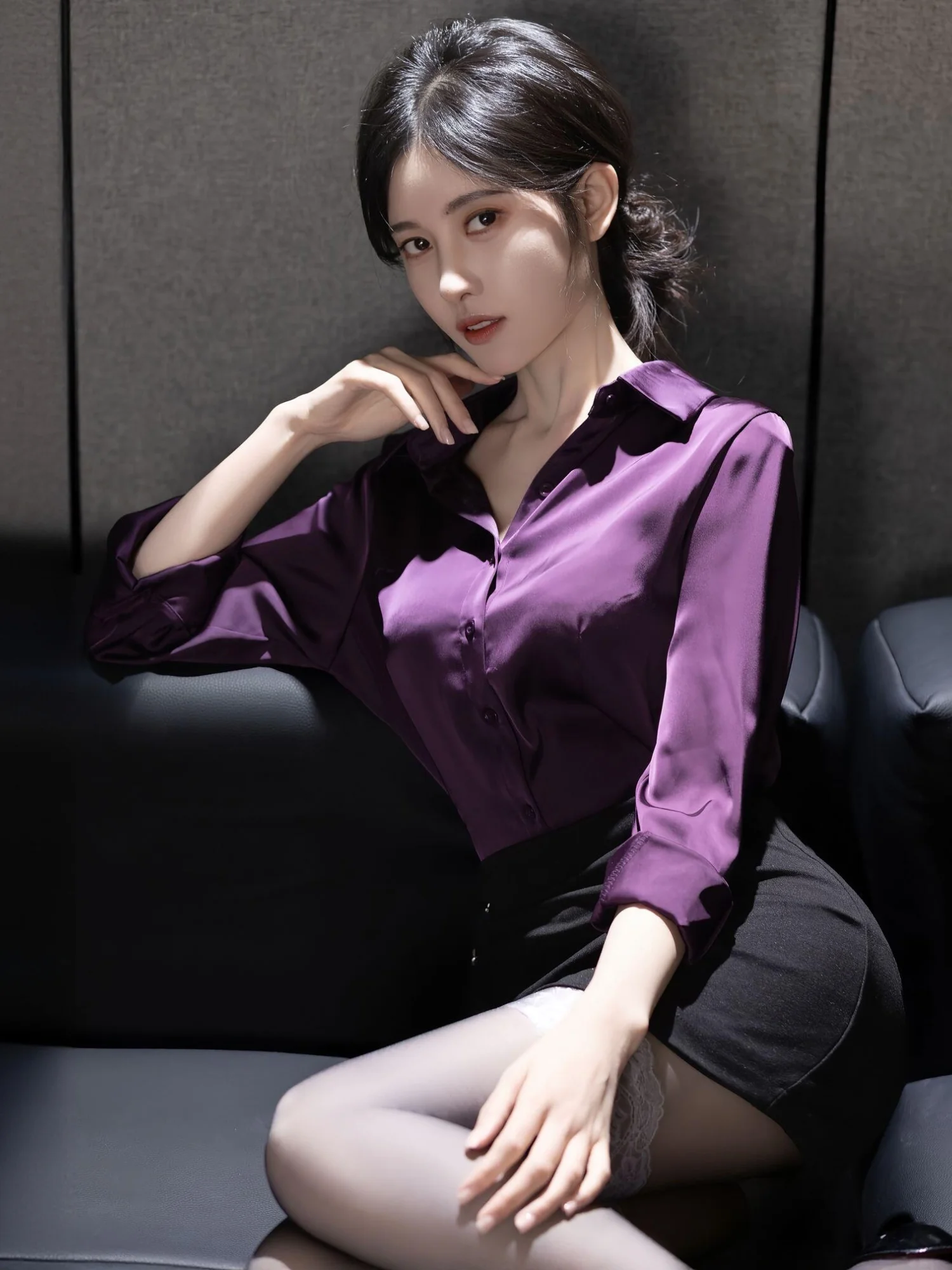 

Ele Godd Sle Acetate Texture ort Skirt And irt Set Women's Faion High Waist Slim Fit Long Sve Button up Top