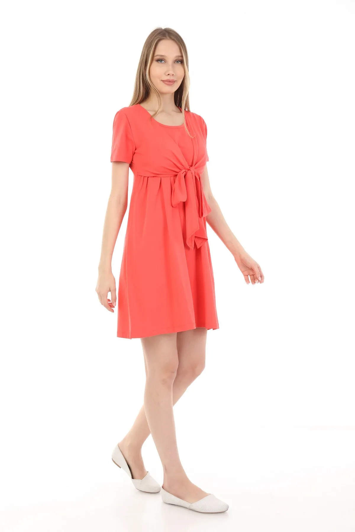 Luvmabelly MYRA5702 Bow To Breastfeed Fit Stylish Dress-Salmon