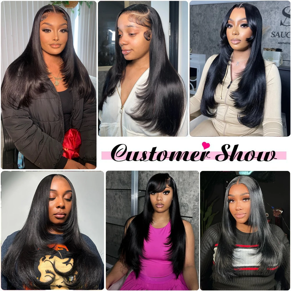 วิกผมหน้าผากลูกไม้สีดำธรรมชาติแบบเลเยอร์ ตัดแต่งทรงตรง  พร้อมผมด้านหน้าที่ถอนขนแล้ว  วิกแบบไม่ต้องใช้กาว  วิกผมสังเคราะห์ทรงบัตเตอร์ฟลาย