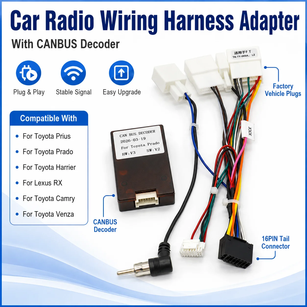 Car Radio Wiring Harness Adapter With CANBUS Decoder For Toyota Prius Prado Harrier Camry Venza For Lexus RX