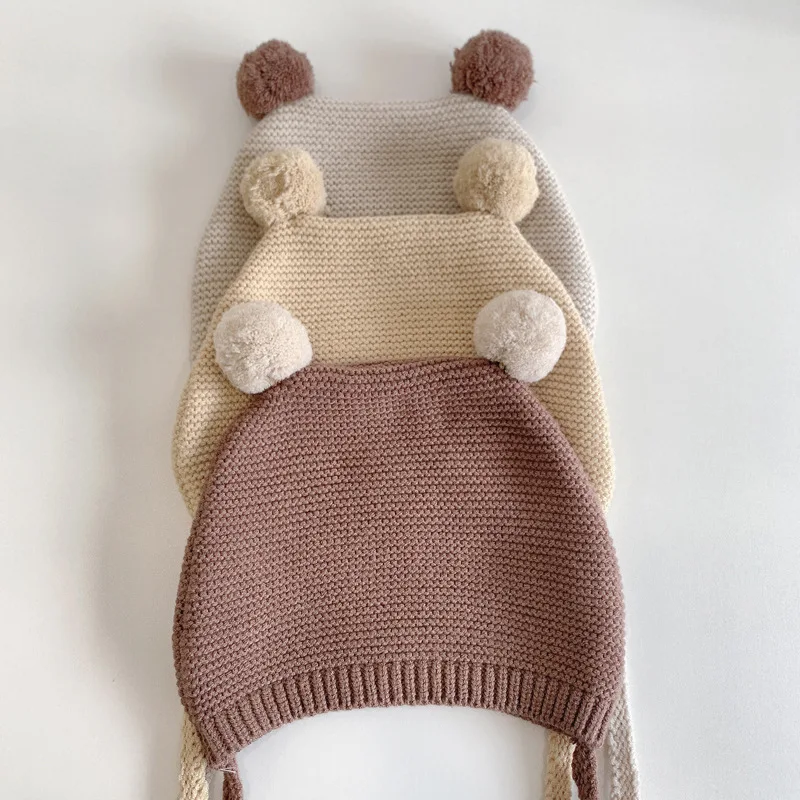 Pompon Baby Mütze Säugling Herbst Winter warme Häkel haube Kleinkind Gehörschutz Pullover Mütze Kinder einfarbige Strick mütze – Detail 5