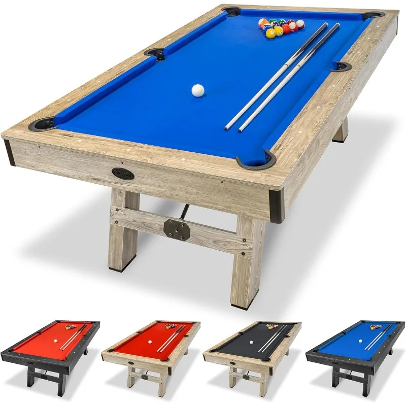 7 Ft Pool Table with Wood Finish - Modern Billiards Table with 2 Cue Sticks Balls Rack Felt Brush and Chalk - Choose Your Style