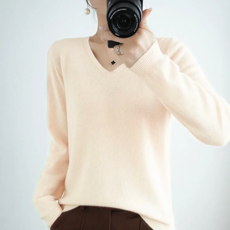 Women Sweater Spring Autumn V-neck Knitwear Long Sleeve Slim Warm Sweater Pullovers Lady Basic Jumpers Knitted Bottoming Shirt