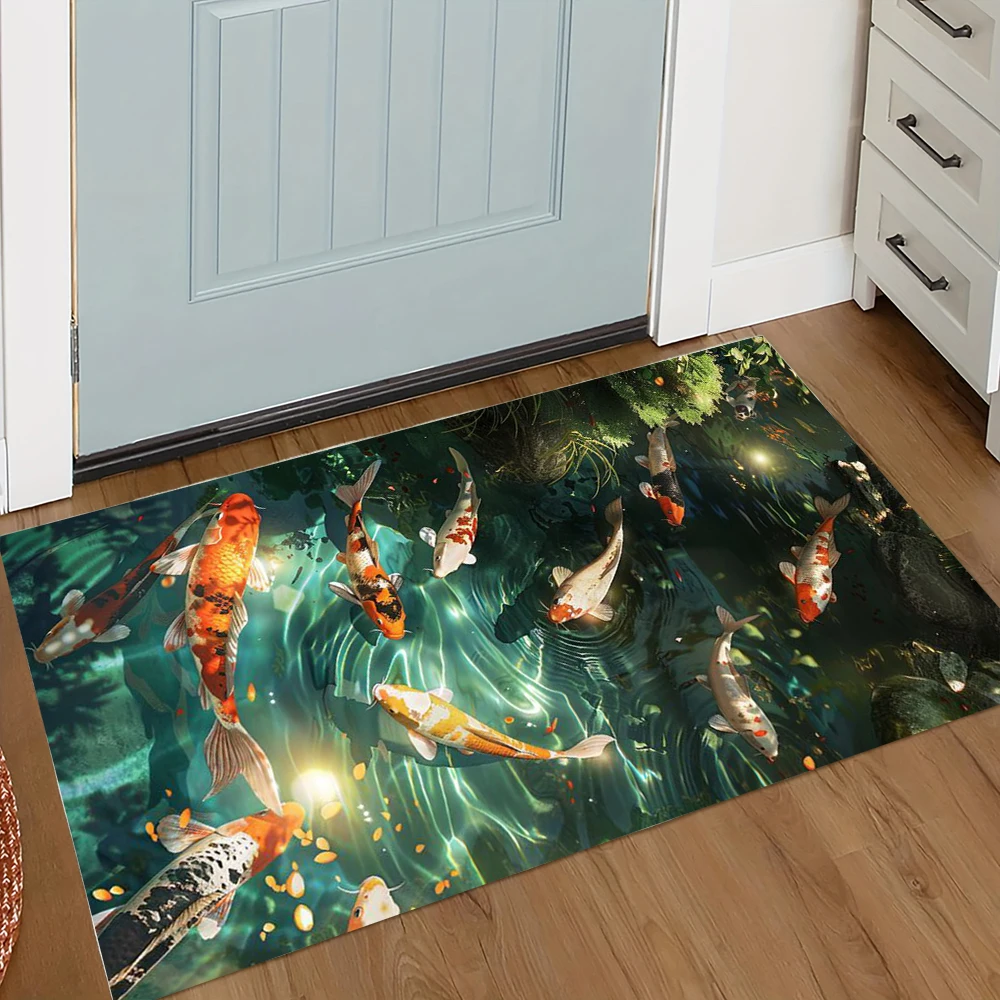 Vikama's Vibrant Koi Pond Pattern Floor Mat, With Koi Fish And Lotus Rock Landscape Design, As Well As a Home Decoration Carpet.