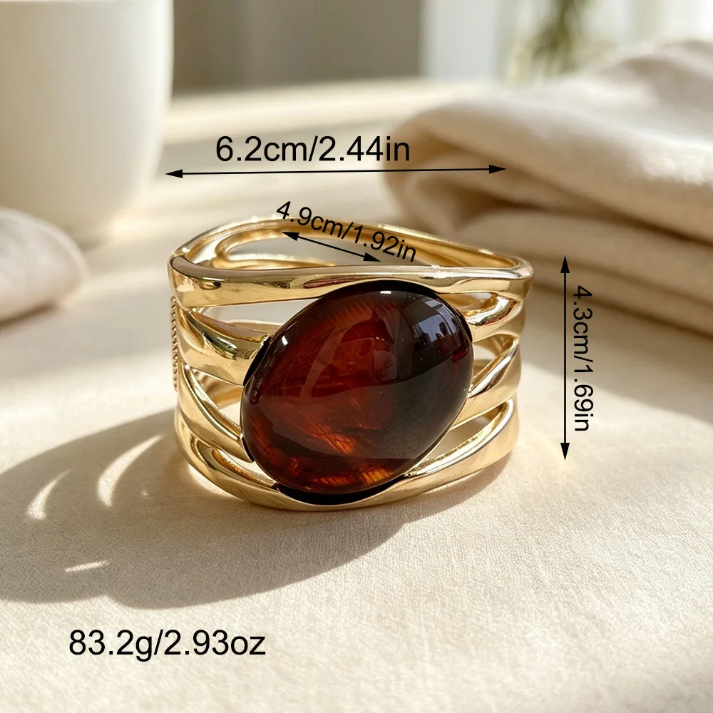 Vintage Exaggerated Large Stone Bangle for Women Retro Hollow Ellipse Round Fashion Bracelet Jewelry Accessory