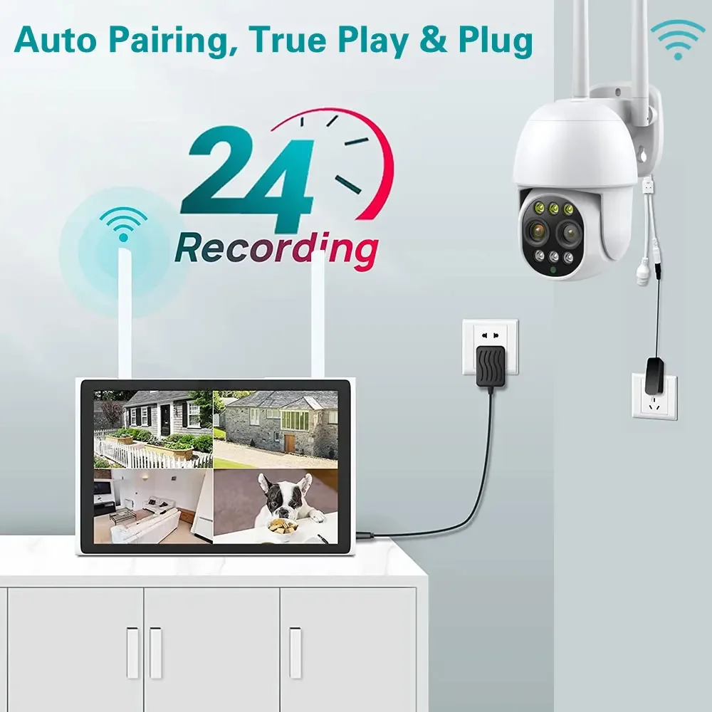 10.1Inch Monitor 10CH NVR Kit Wireless PTZ Security 8MP 10X Zoom Camera System Two-Way Audio Home Wifi CCTV Surveillance Cameras