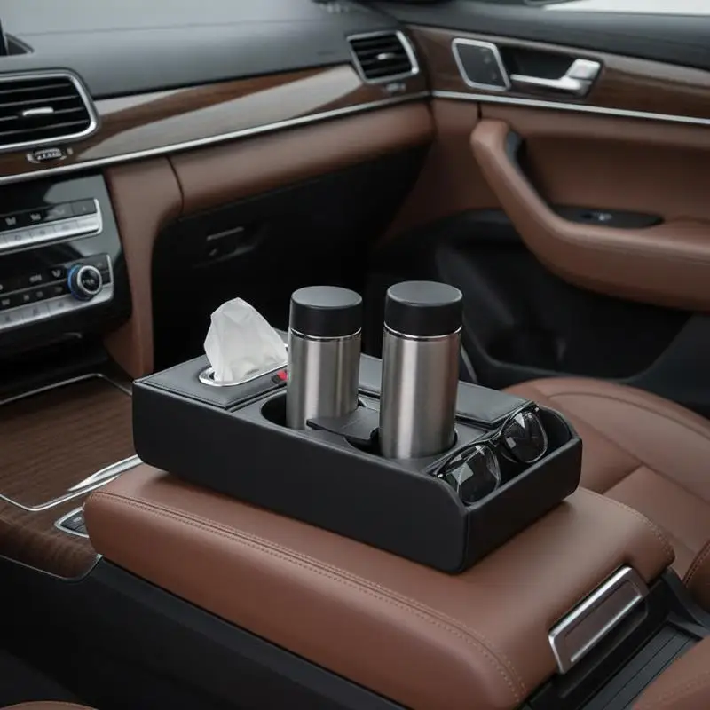 Comfortable Car Armrest Heightening Pad with Storage Box Tissue Cup Holder Practical Auto Organizer for Long Drive Road Trip