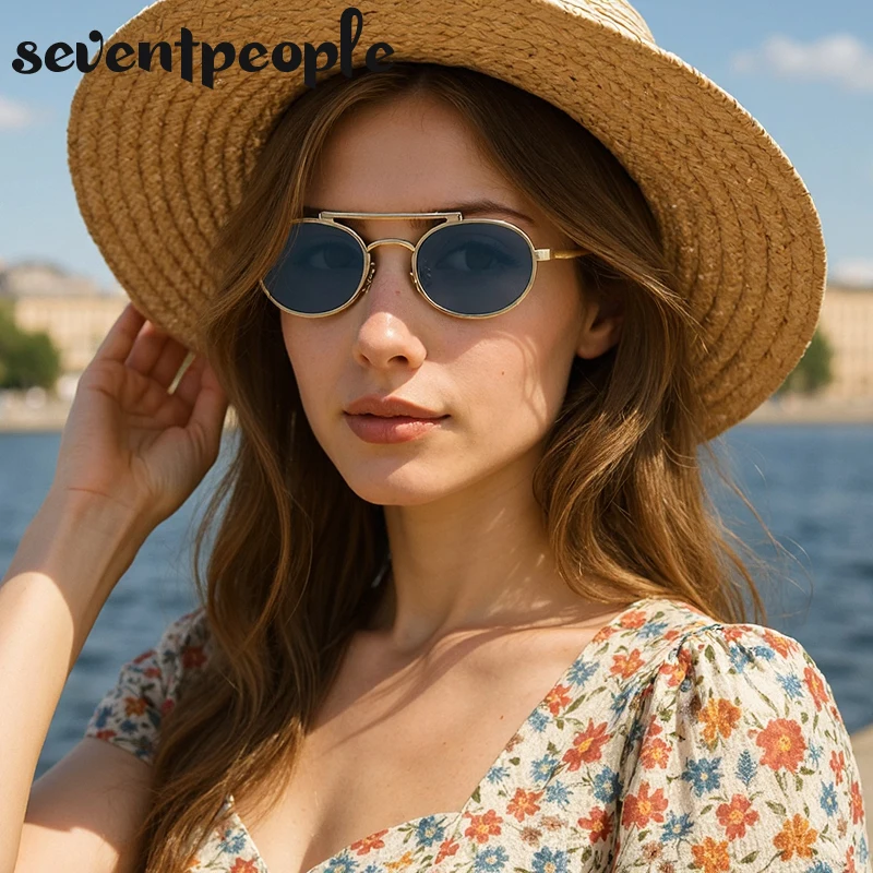 Small Oval Metal Frame Steampunk Sunglasses For Women 2025 Luxury Brand Vintage Double Beam Shades Classic Round Punk Eyewear image 2