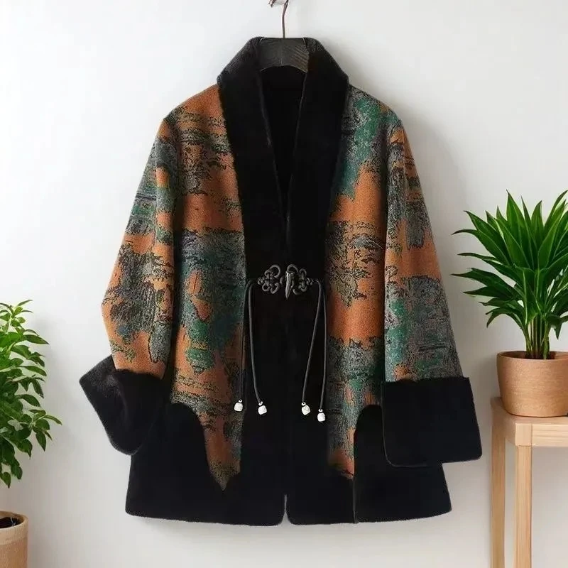 Korean Women Long Sleeves Faux Fur Jacket Winter Lady Double Sided Fur Coat Middle Aged Mother Large Size XXXL Plush Outwear