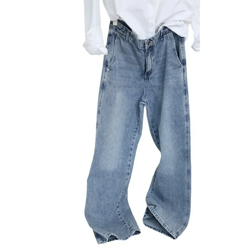 Pocket Embroidery Retro Frayed Straight Trousers Simple Washed Denim Trousers