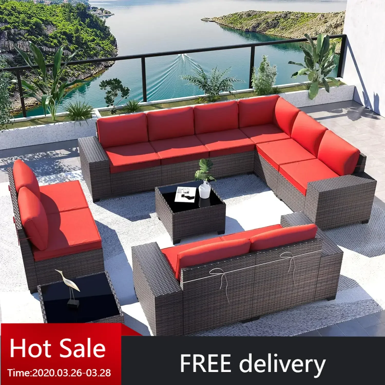 12PCS Outdoor Patio Furniture Set PE Wicker Rattan Sectional Sofa Patio Conversation Sets,Red