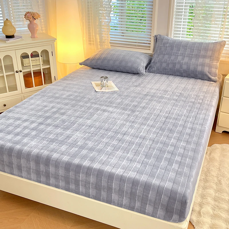 

New High-weight Milk Fleece Single Bed Hat Thickened and Warm Fleece Solid Color Checkered Mattress Cover 360-degree Package