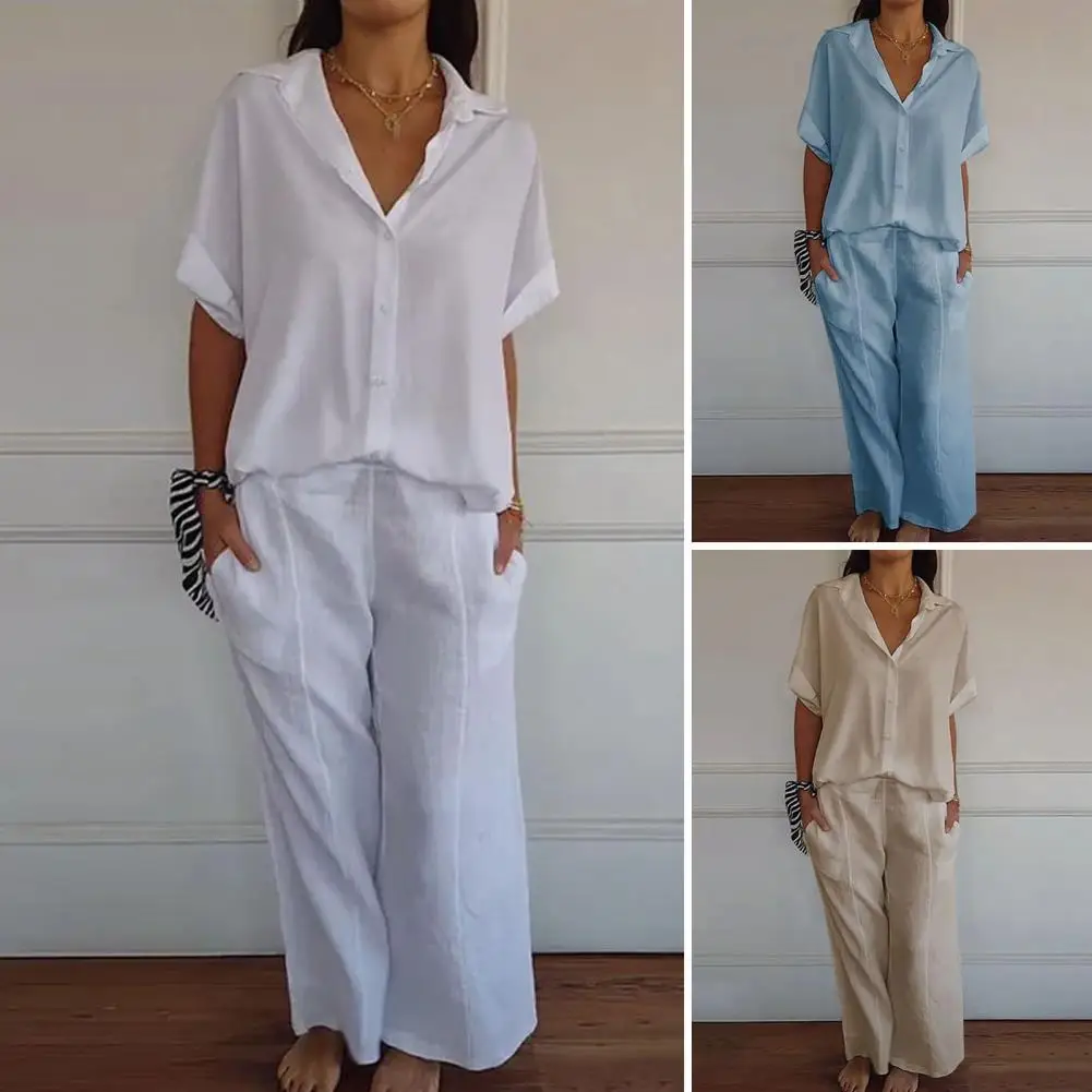 

Women Summer Shirt Pants Set Women's Homewear Set Solid Color Shirt Wide Leg Pants Commute Clothes Outfit with Turn-down Collar