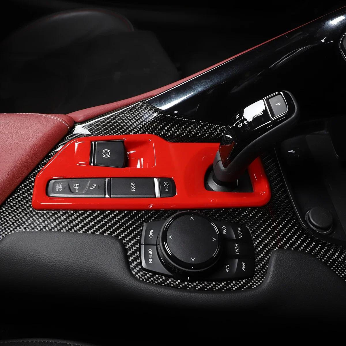 

for Toyota GR Supra MK5 A90 2019-2023 Car Central Gear Frame Cover Trim Sticker car accessories interior ABS Carbon Fiber/Red