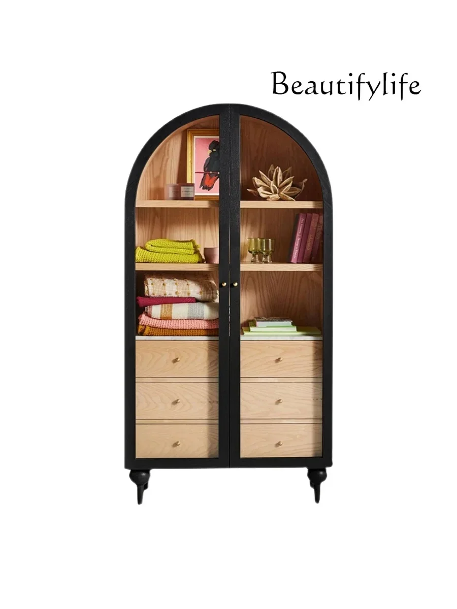 French Vintage Book Black Arched Double Door Glass Storage Storage Side Cabinet with Door