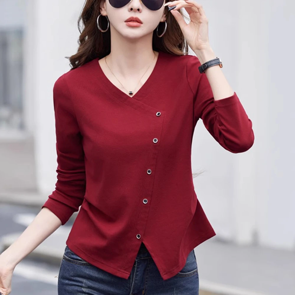 

Angola red pure cotton long sleeved T-shirt for women in spring and autumn fashion, Korean version loose V-neck casual top