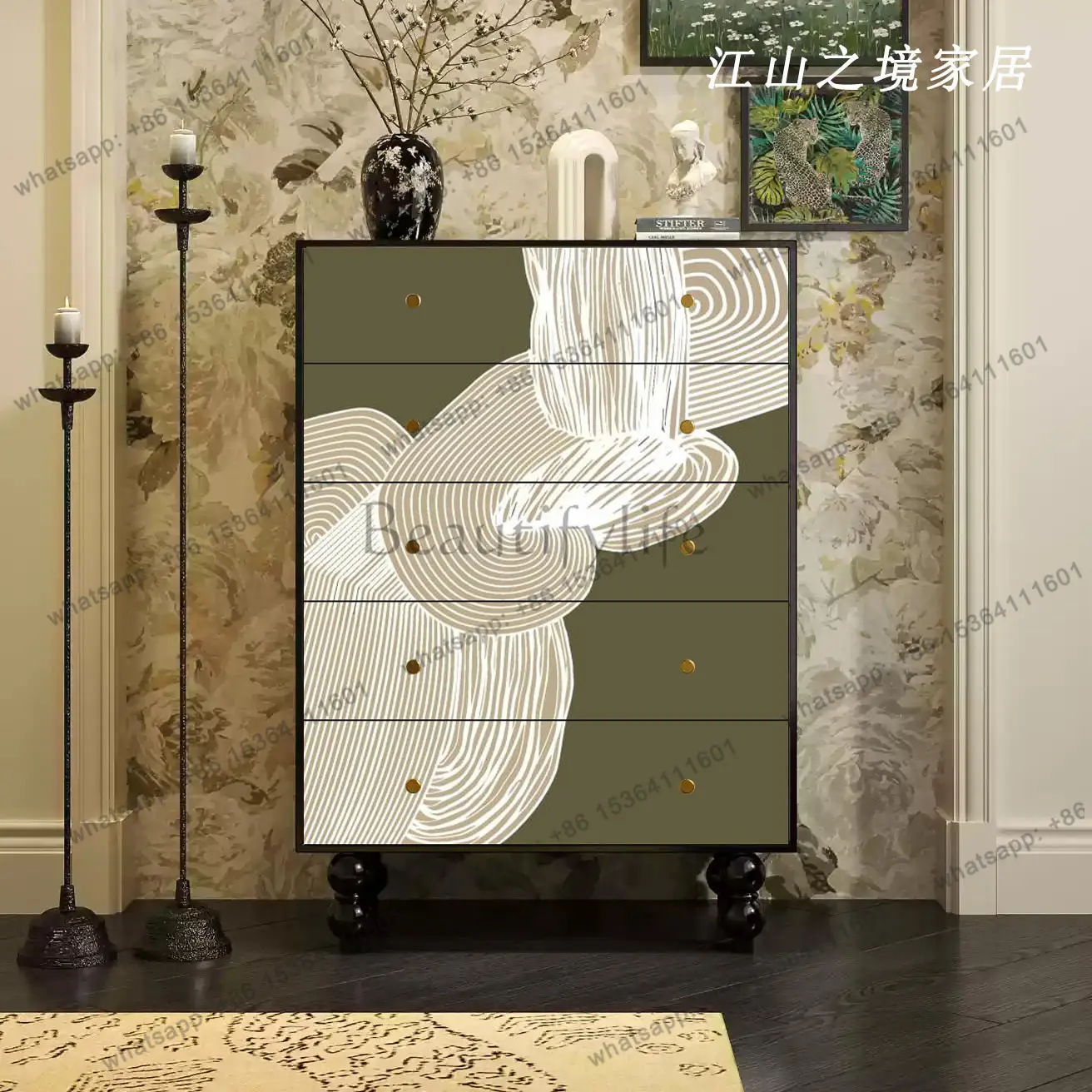 French solid wood five-bucket living room bedroom drawer cabinet modern light luxury art flower painted side cabinet