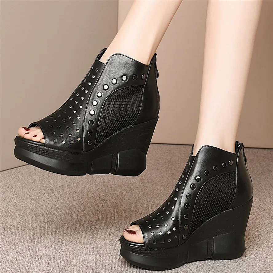 

Punk Rivets Sandals Women's Cow Leather Platform Wedge High Heel Gladiators Summer Boots Punk Creeper Oxfords 34 35 36 37 38 39