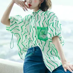 Women's Clothing Wave Cut Printed Shirt Commute Loose Summer Fashion Single-breasted Korean Short Sleeve Pockets Spliced Blouse