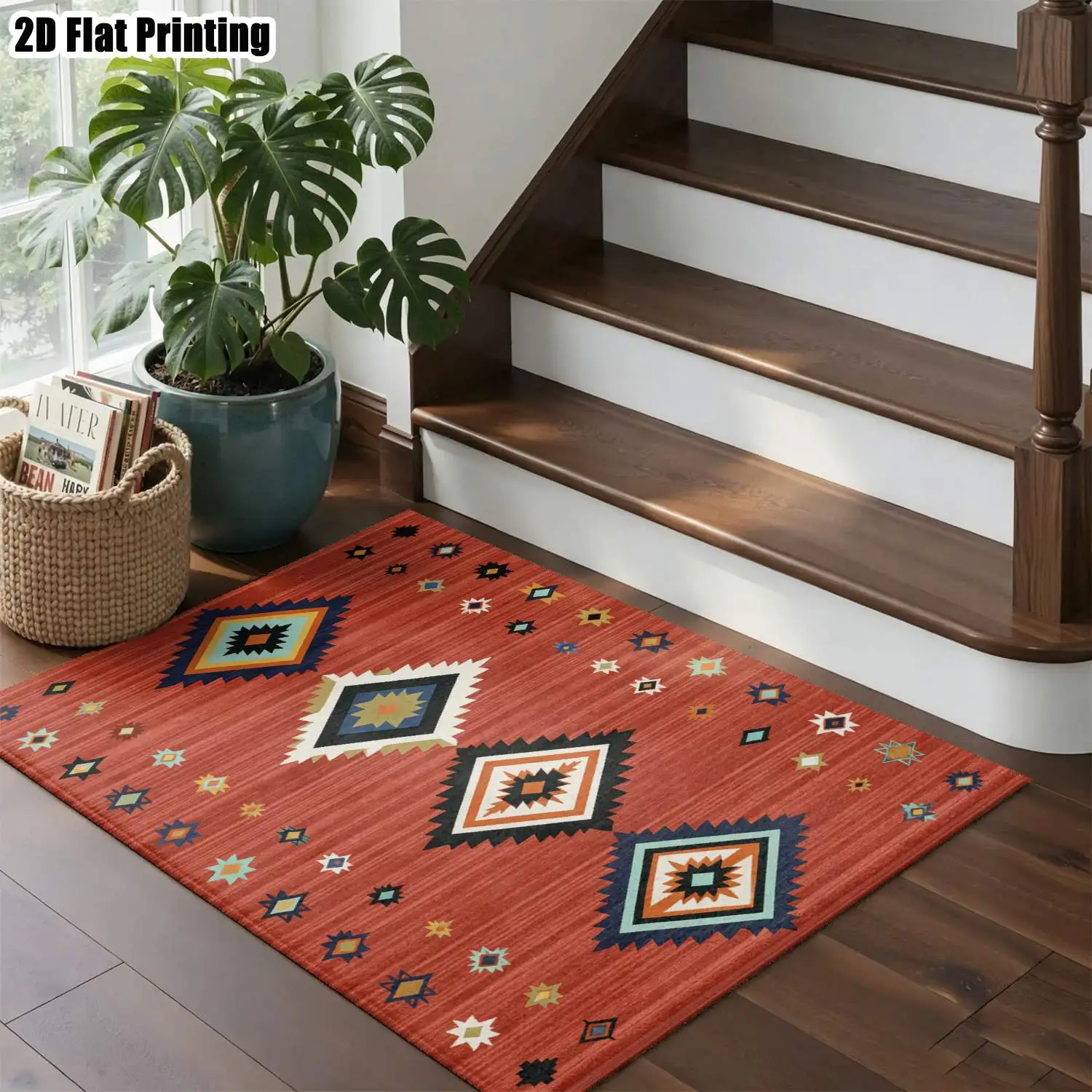 1Pc 2D Printed Red Geometric Nordic/Bohemian Carpets, Instagram-Inspired Modern Minimalist Vintage Floor Mats, Home Decor, Multi-Size, Machine Washable, Suitable for Entrance, Dining Room, Foyer, Bedroom, Living Room