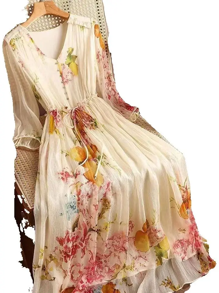 Robe amincissante florale haut de gamme pour femmes, jupe longue imprimée, col en v, surdimensionnée, pour vacances, au-dessus du genou, nouvelle collection printemps et été 2025