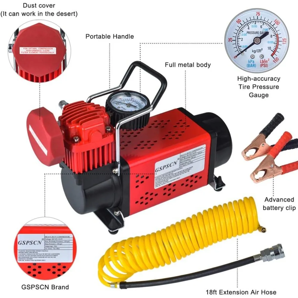 

Brand New - Portable 12V Air Compressor Pump, 150PSI Red Tire Inflator, Heavy Duty Auto Air Pump,for Car, Truck, RV, ATV,
